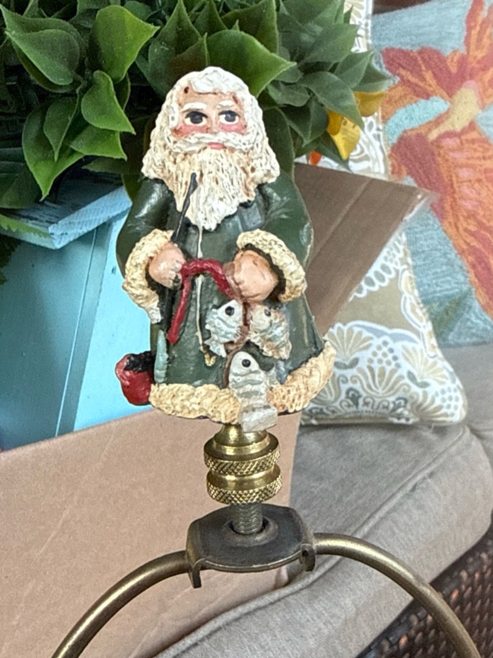 Vintage Santa Claus Lamp Finial Christmas Holding Tree & fish cottage core